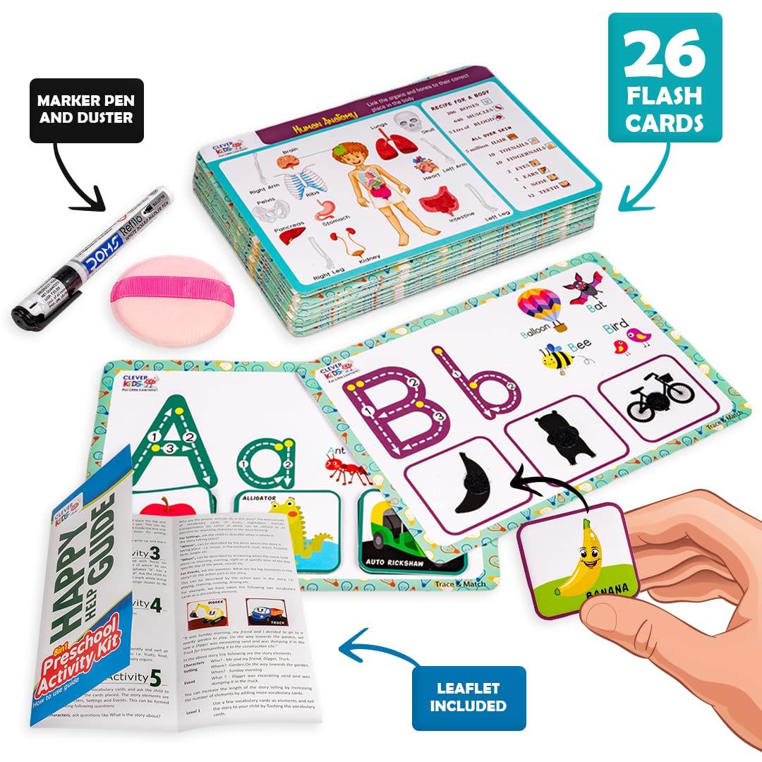 Prem Ratna preschool activity kit for toddlers with 26 colorful flash cards, marker pen, duster, and leaflet