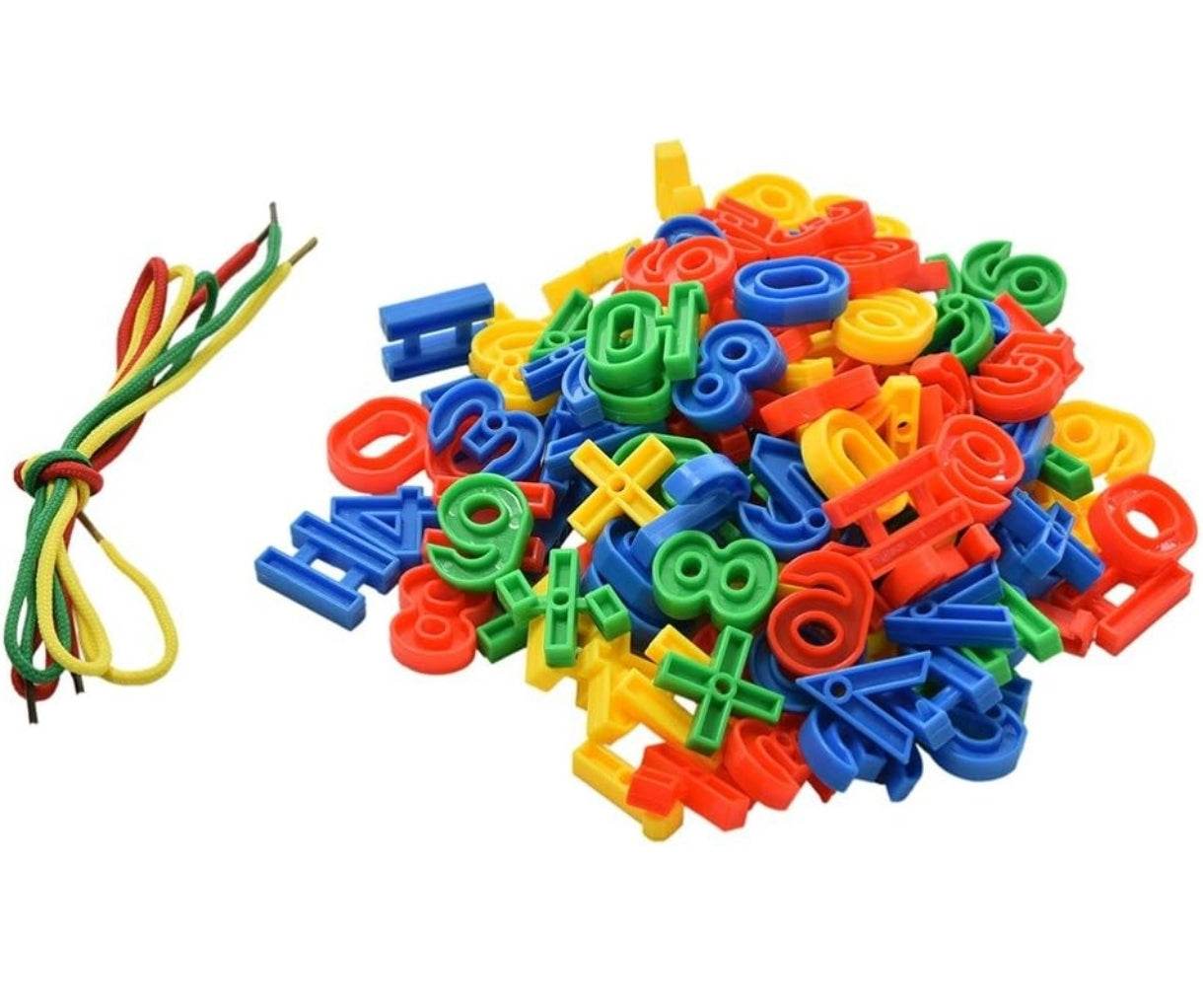 Colorful educational building blocks for kids with numbers and symbols in red blue green and yellow