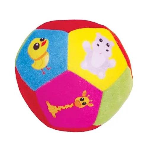Colorful softball for infants featuring soft fabric and animal illustrations including duck, bear, and giraffe
