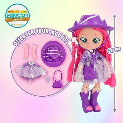 Cry Babies BFF Katie fashion doll with purple outfit hat and accessories standing 20 cm tall