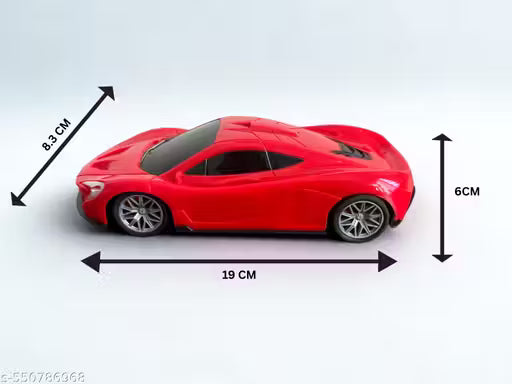 Red toy car with dimensions