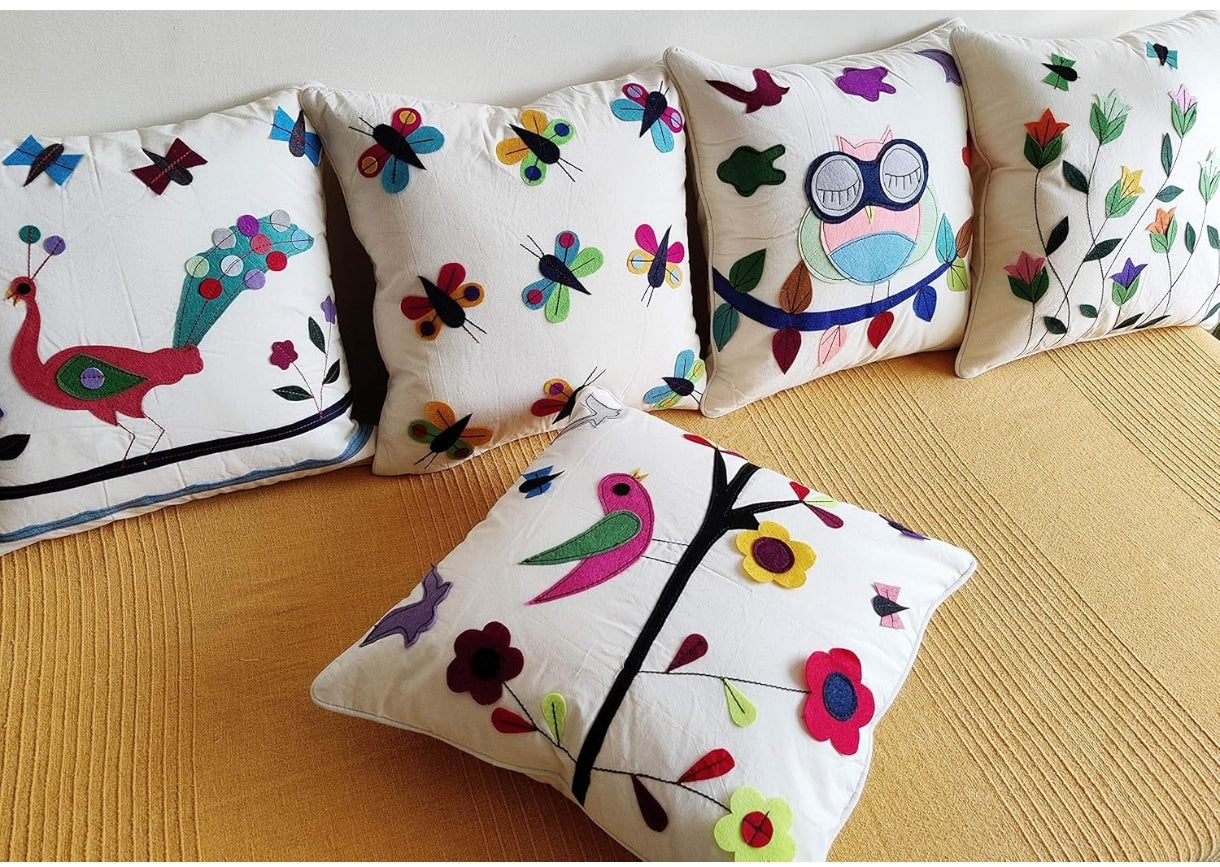 Colorful embroidered cushion covers for sofas featuring birds and flowers