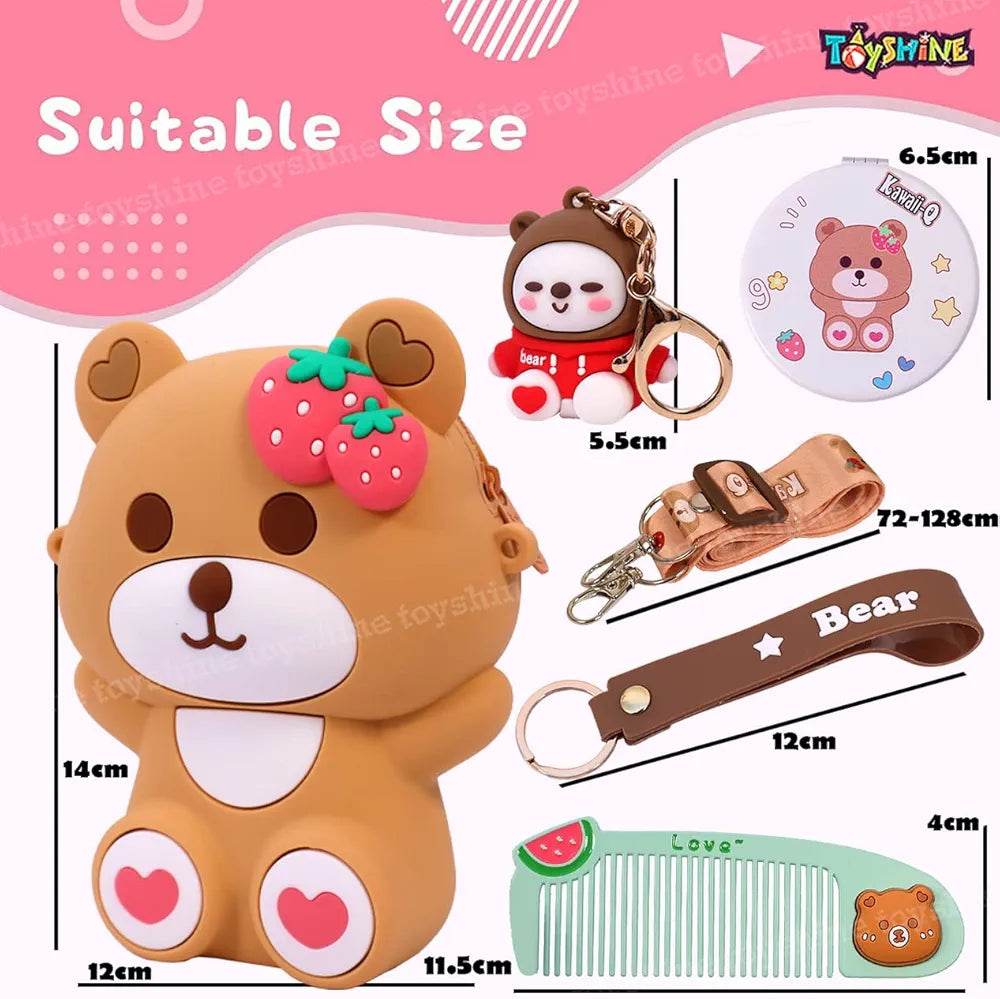 Cute bear backpack for kids with strawberry design and matching accessories from T-Rex the Toyland Sitamarhi