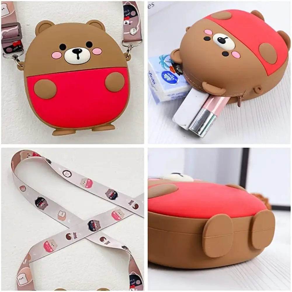 Cute bear kids bag in brown and red with adjustable strap and spacious compartment