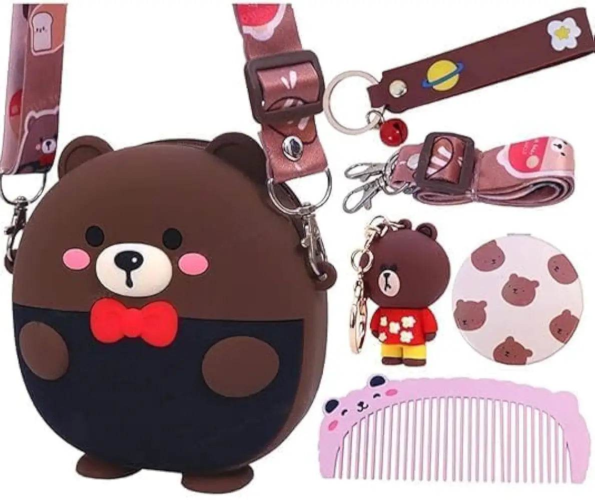 Cute bear kids bag with brown bear design and red bow tie, includes matching accessories