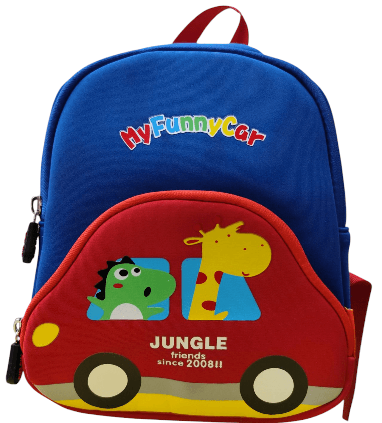 Cute kids mini backpack in blue and red with a cartoon car and animal design by T-Rex the toyland Sitamarhi