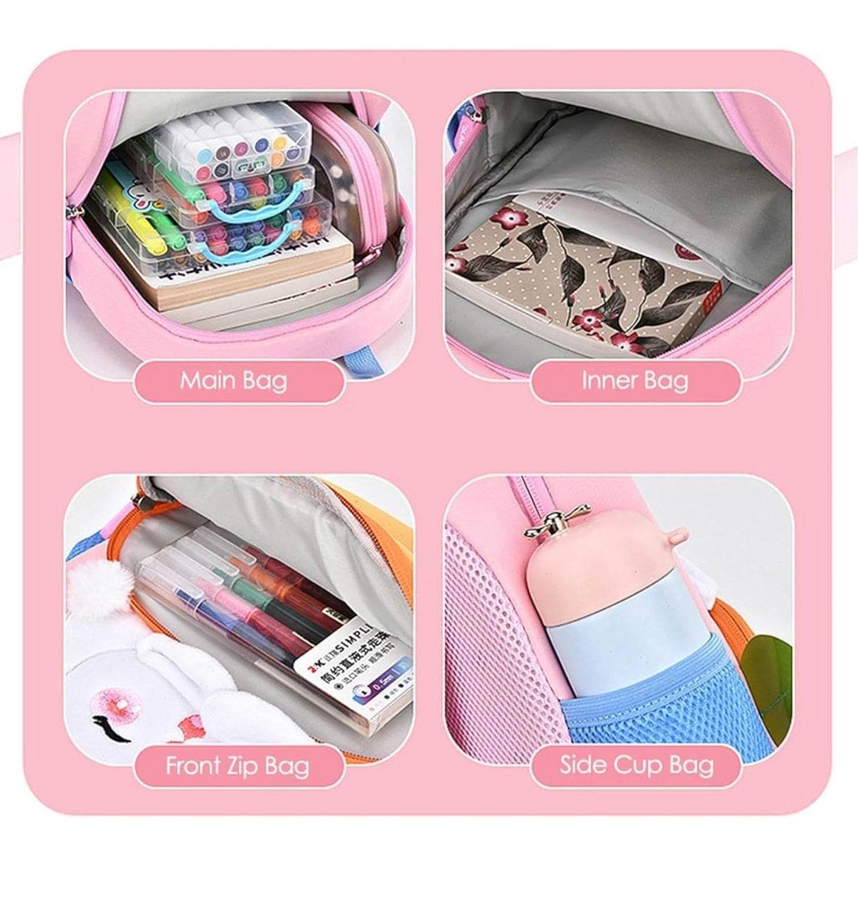 Cute rabbit backpack for toddlers with multiple compartments including main bag, inner bag, front zip bag, and side cup bag