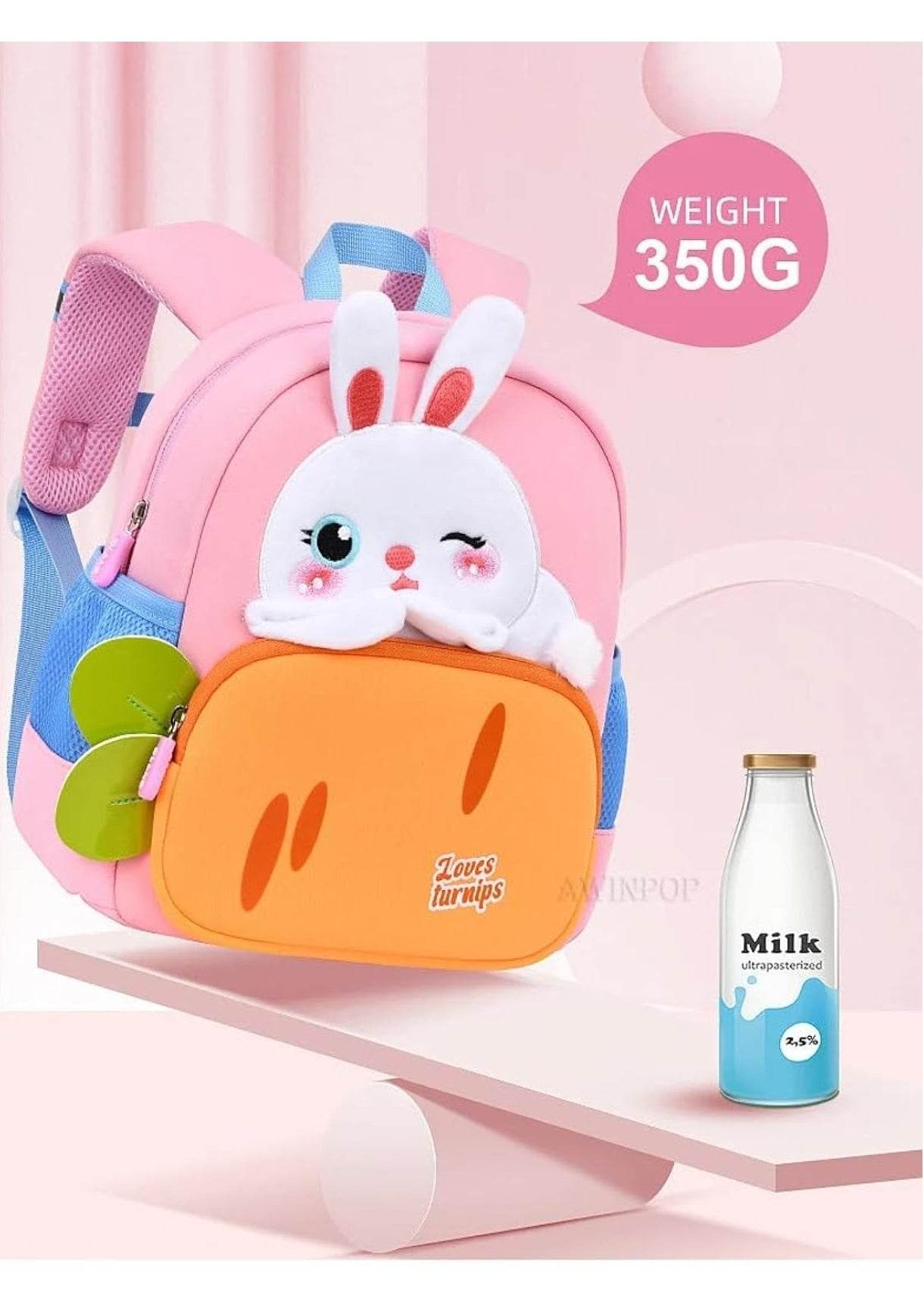 Cute rabbit backpack for toddlers in pink and orange with soft plush bunny and adjustable straps
