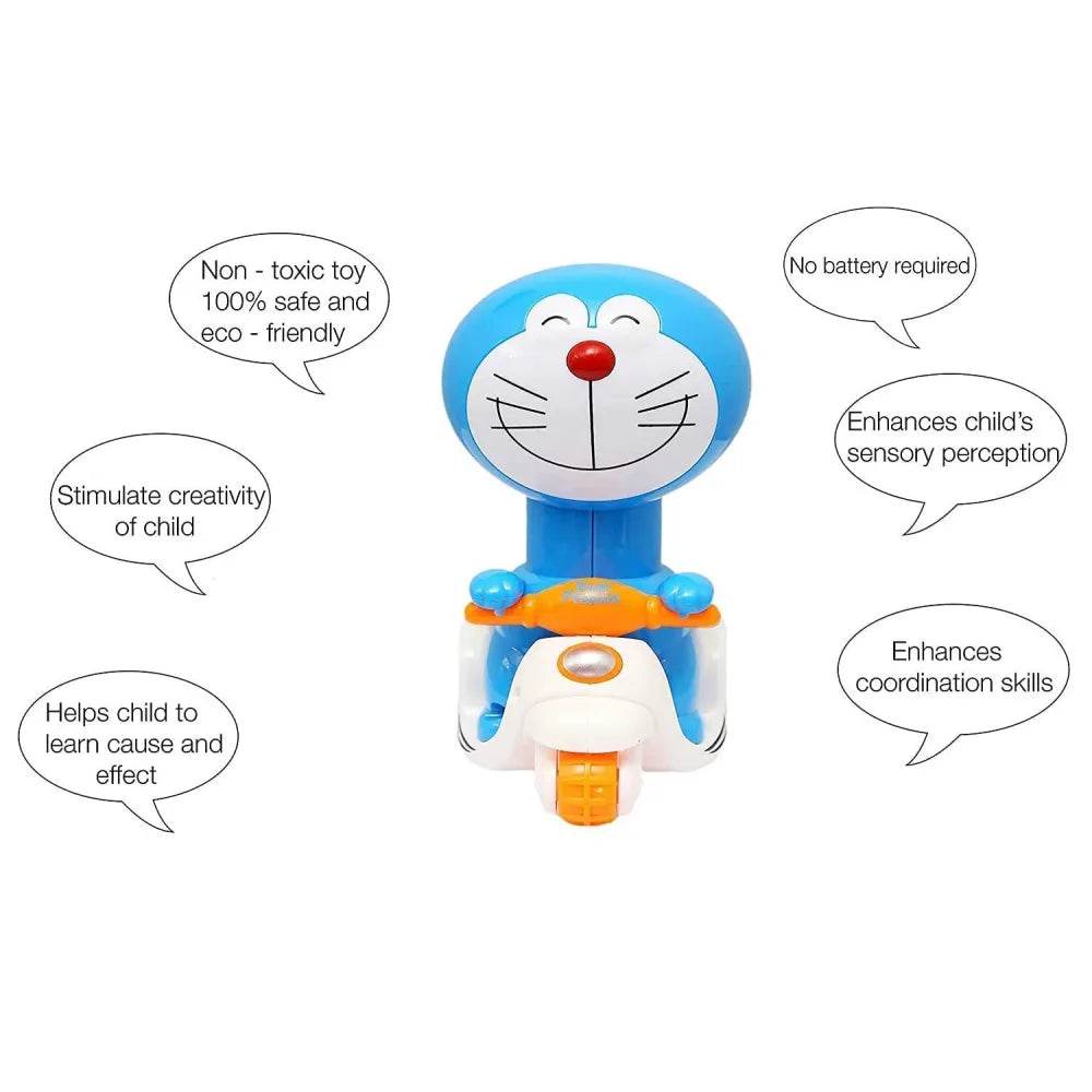 Doraemon push and go toy with blue character riding a white and orange scooter for kids