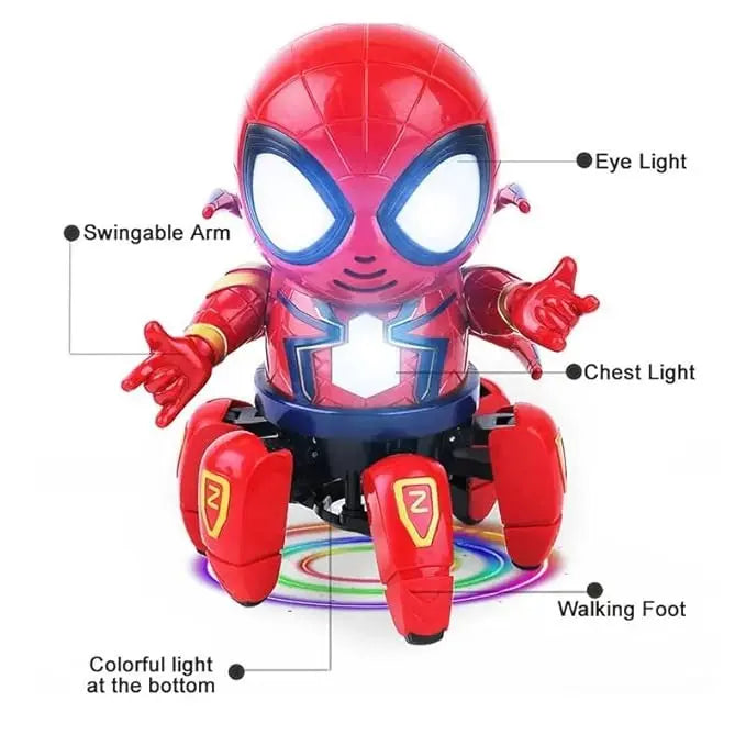 Toy robot with spider-Man design, labeled features