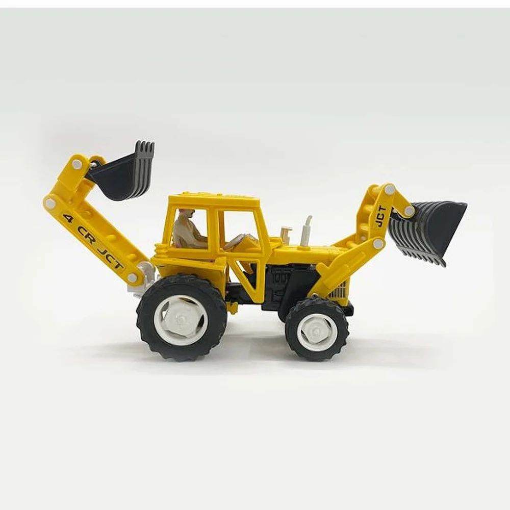 Yellow pull back action construction vehicle toy with front and rear scoops for kids