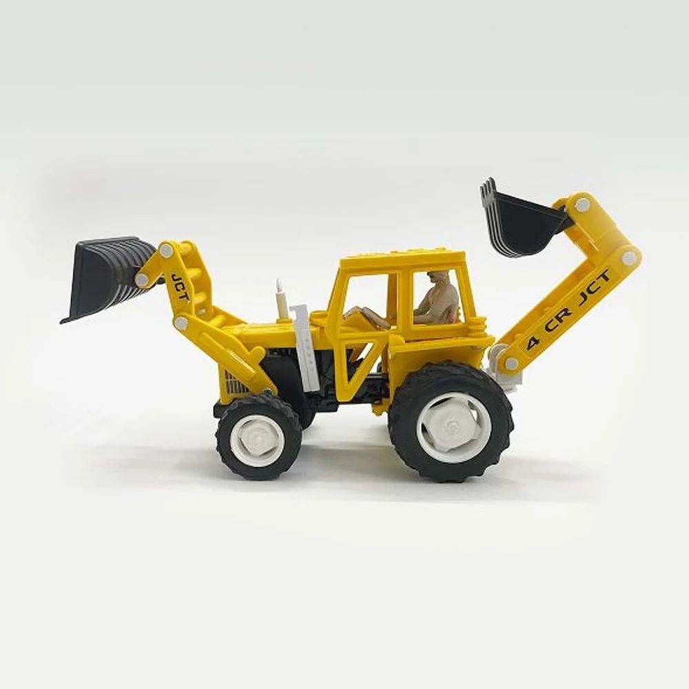 Yellow pull back action construction vehicle toy with black scoops and detailed cabin