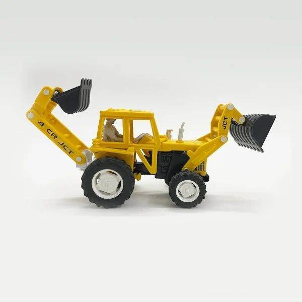 Yellow pull back action construction vehicle toy with black scoops and large white wheels