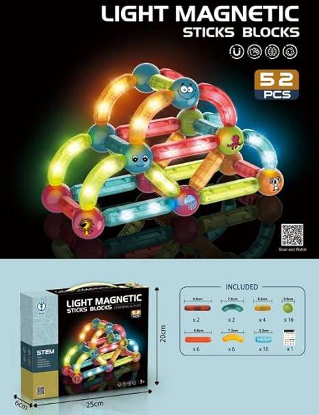 STEM light magnetic sticks set with 52 colorful pieces for creative building and learning
