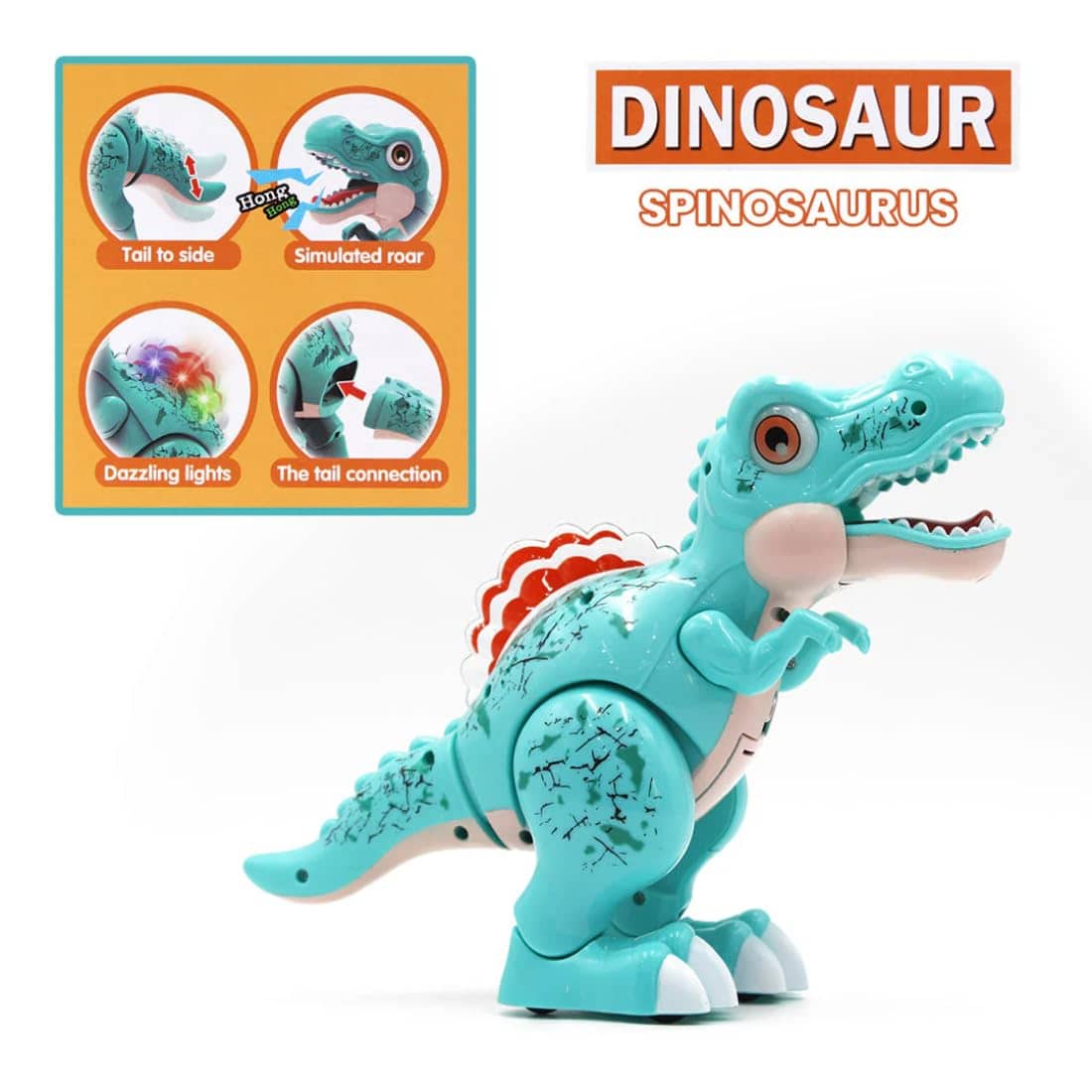 Turquoise dinosaur toy Spinosaurus with tail movement, simulated roar, and dazzling lights for kids