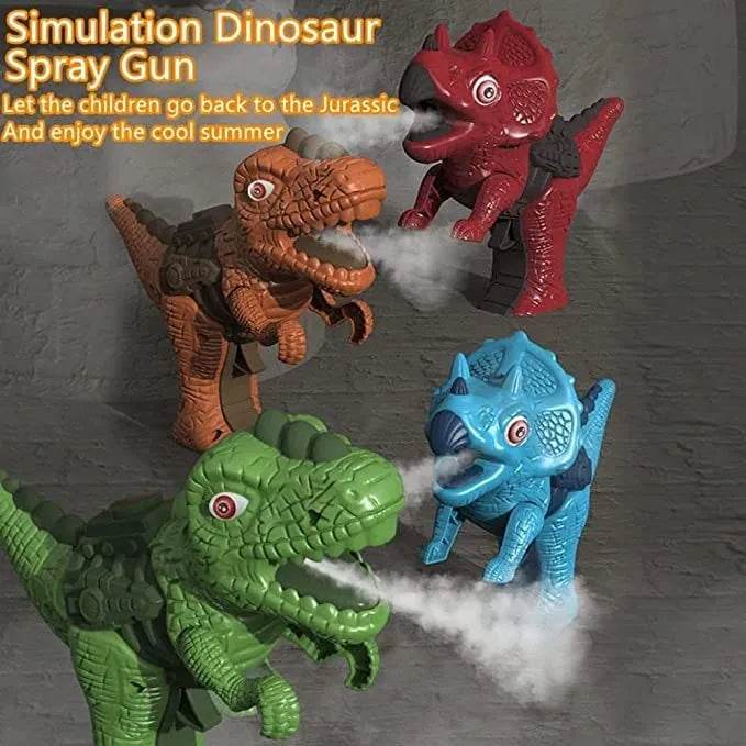 Colorful dinosaur machine gun toy for kids that sprays mist in green, blue, red, and brown colors