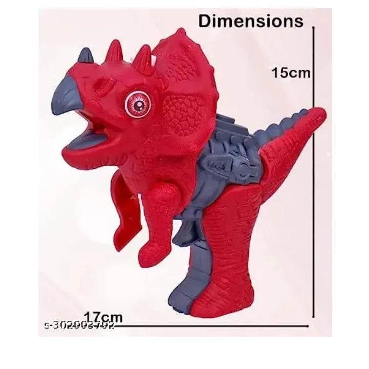 Red dinosaur machine gun toy for kids with detailed texture and mounted gun measuring 15cm by 17cm