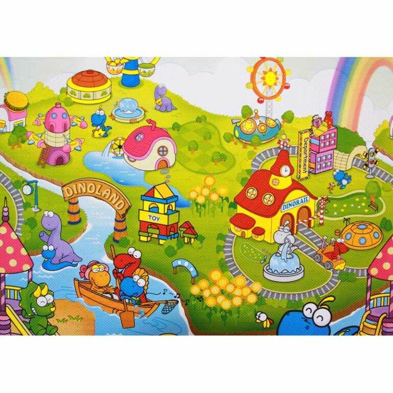 Colorful dinosaur play mat for kids featuring a lively Dino Land scene with cartoon dinosaurs and buildings
