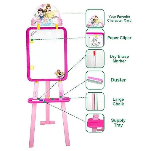 Pink 5 in 1 activity easel for children with dry erase marker, duster, chalk, paper clipper, and supply tray