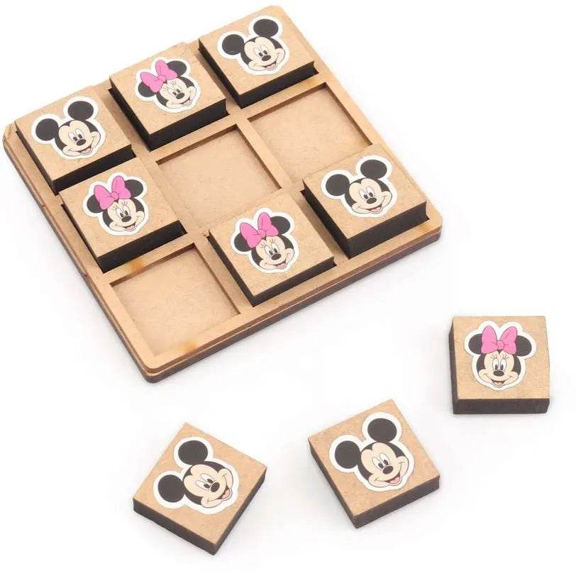 Disney cartoon tic tac toe game with wooden blocks featuring Mickey and Minnie Mouse faces