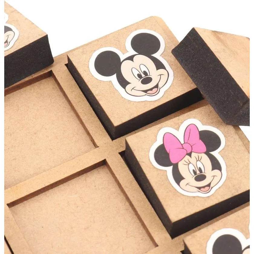 Disney cartoon tic tac toe game wooden board with Mickey and Minnie Mouse character pieces