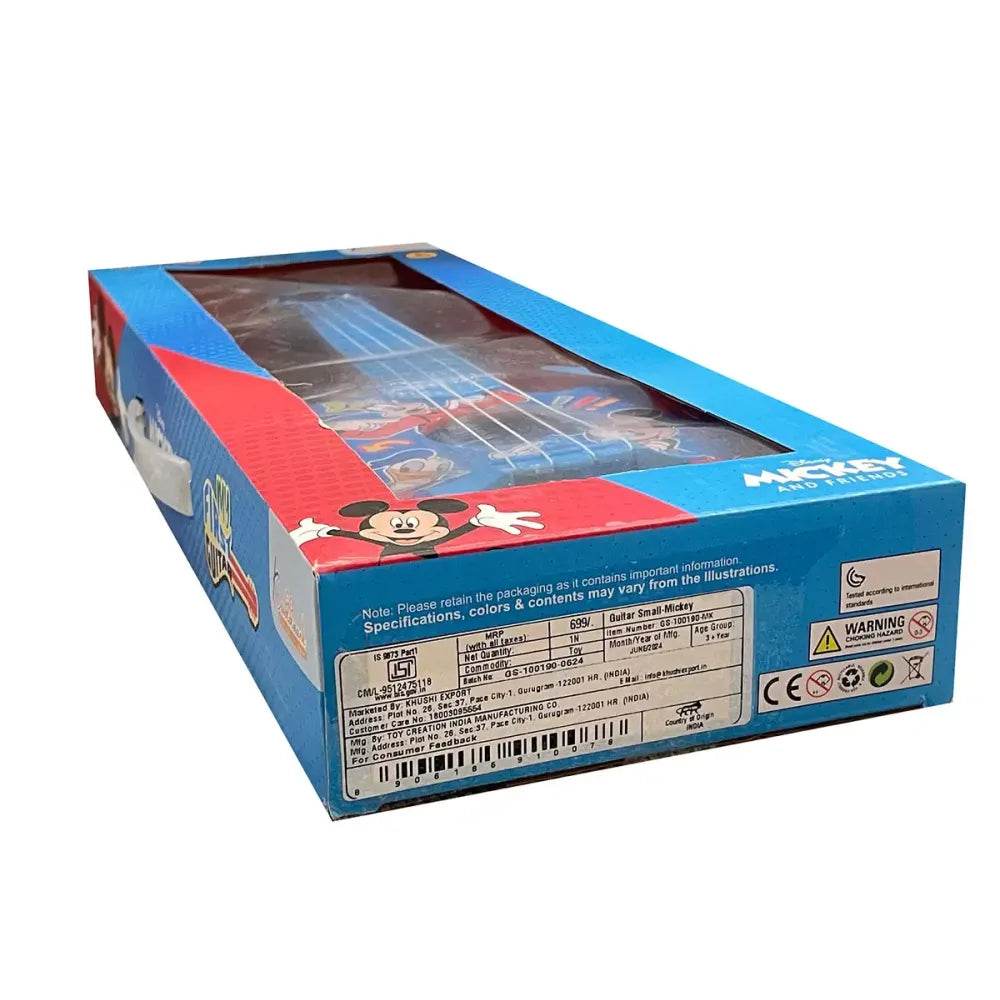 Kriddaank Mickey Mouse toy guitar in blue and red packaging with cartoon design