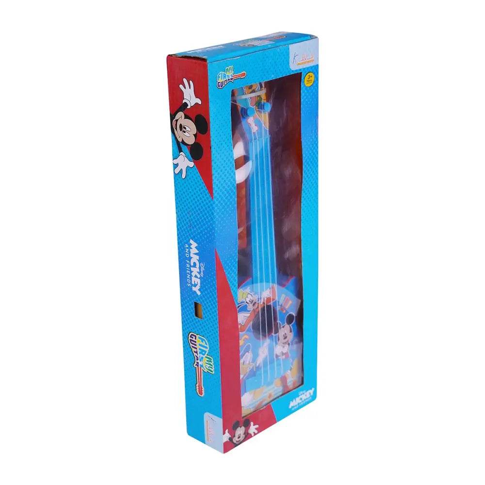 Kriddaank Mickey Mouse toy guitar in colorful packaging with blue strings and cartoon design