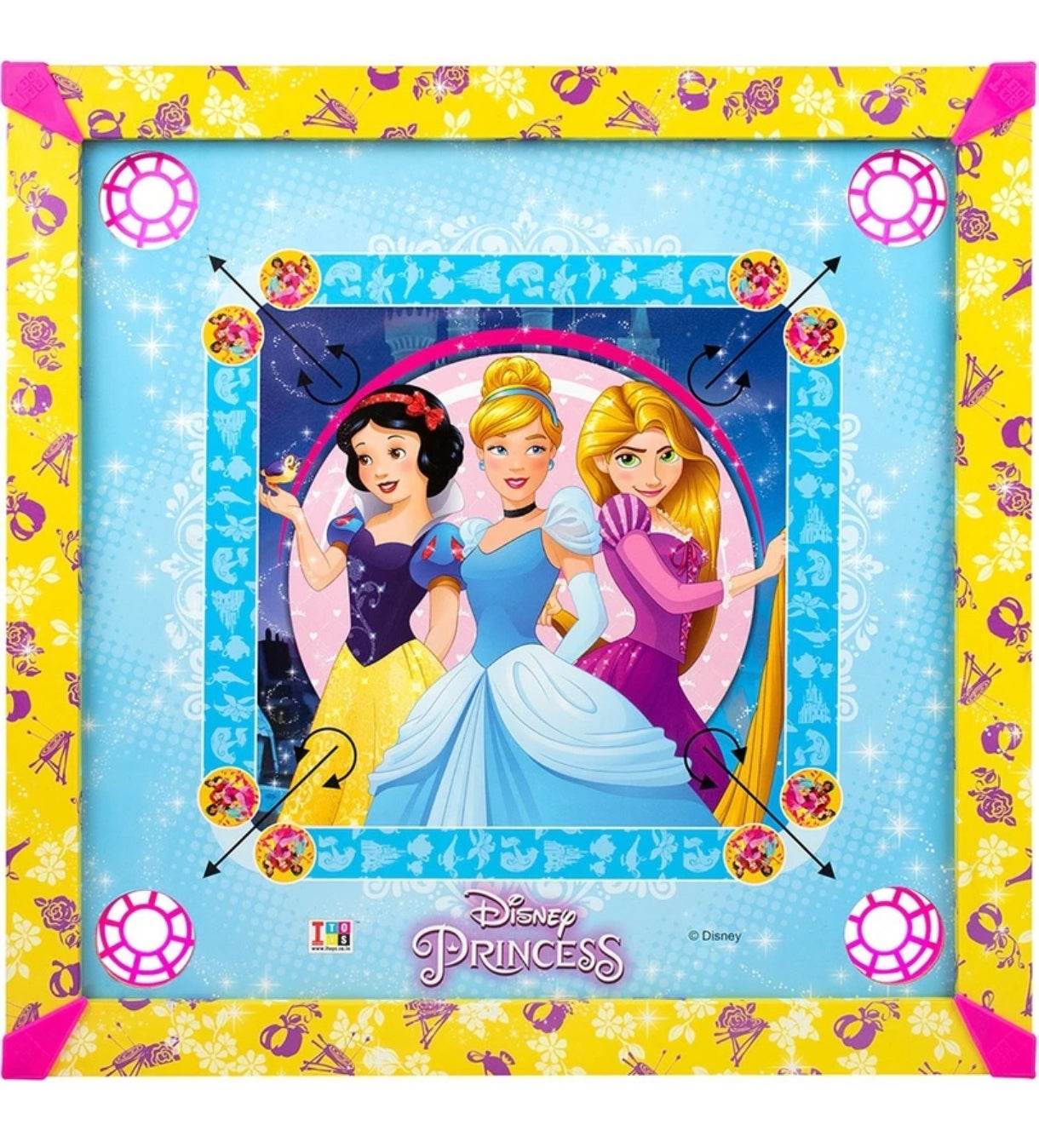 Itoys Disney Princess carrom board for kids featuring Snow White Cinderella and Rapunzel design
