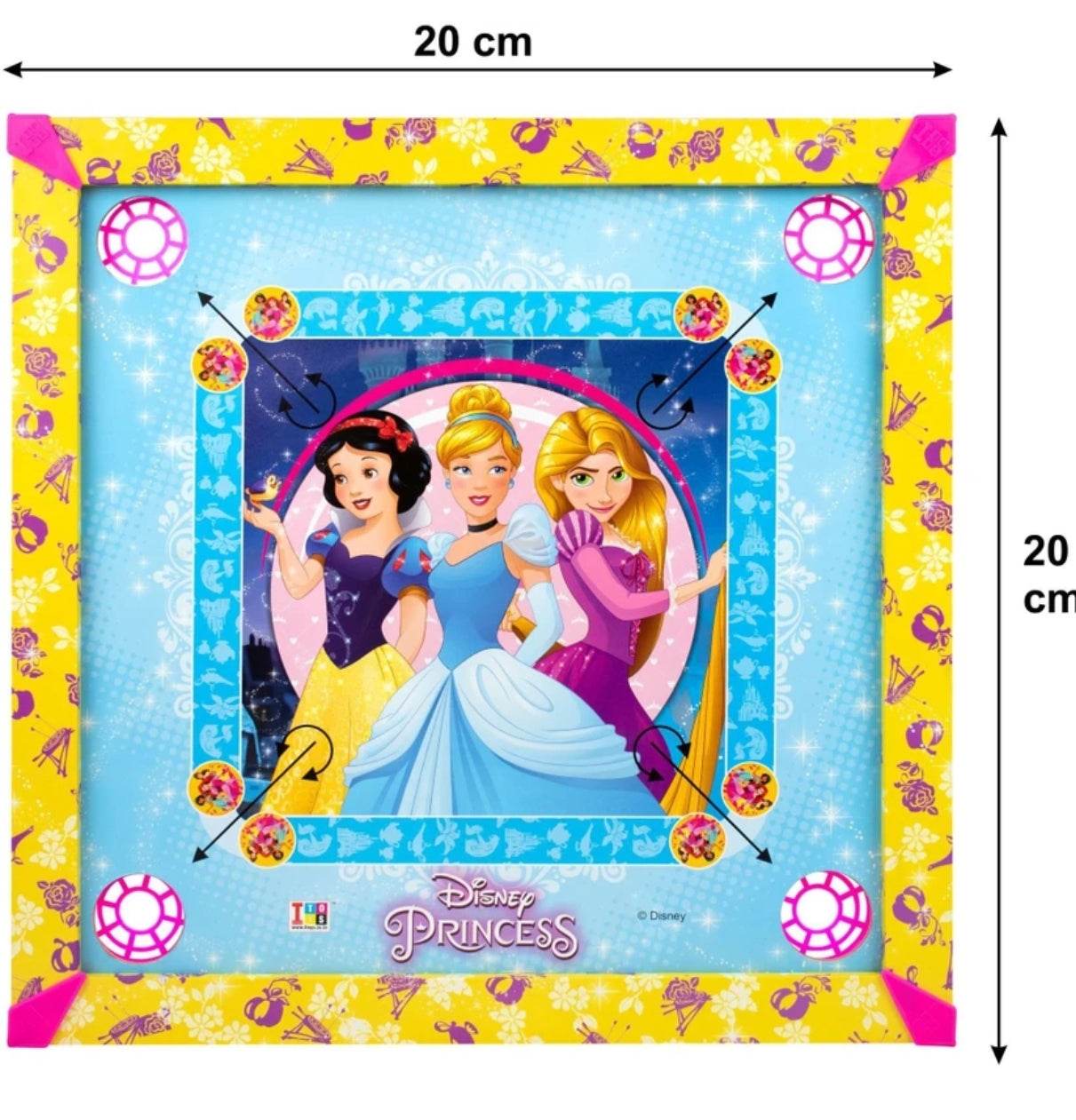 Disney Princess carrom board for kids featuring Snow White, Cinderella, and Rapunzel with colorful design