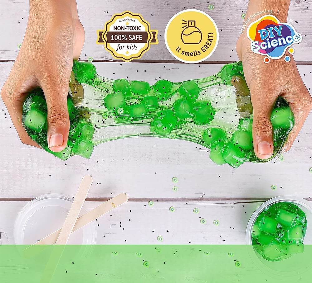 Fundoo labs DIY science slime set with green slime and small cubes being stretched by hands