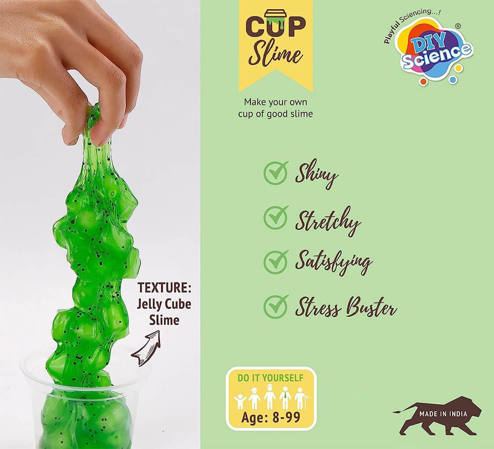 Fundoo labs DIY science slime set with green jelly cube slime being stretched by hand