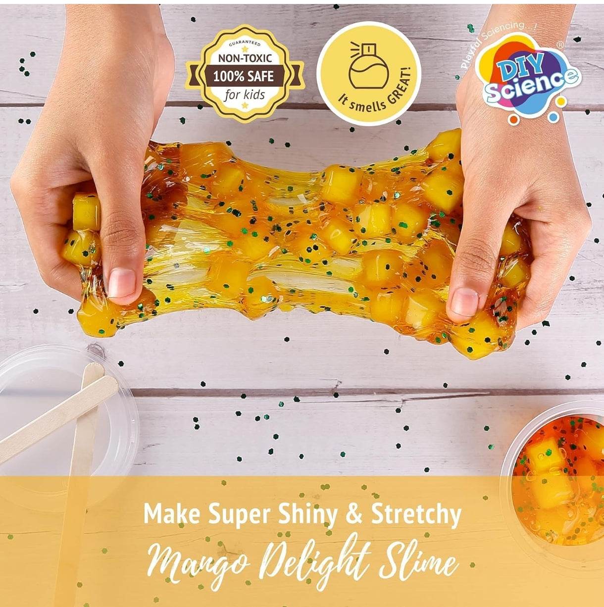 DIYScience® Mango Delight Slime Kit, Slime Making Kit, 8+ Years, Make Super Shiny & Stretchy Jelly Cube Slime, Mango Scented Slime Glitter Glue, Activator Gel, Ultralight Foam Cubes - T-Rex the toyland Sitamarhi