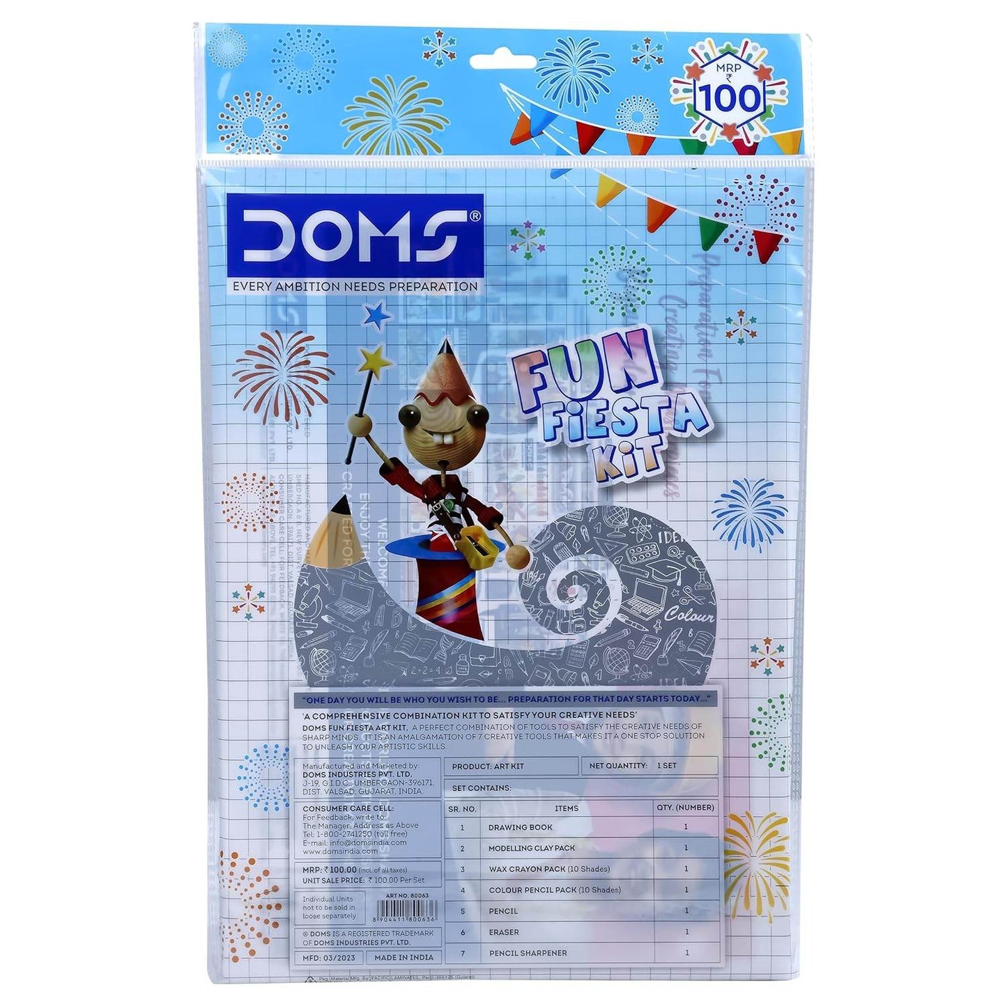 DOMS Fun Fiesta art kit with colorful packaging featuring drawing tools and festive graphics