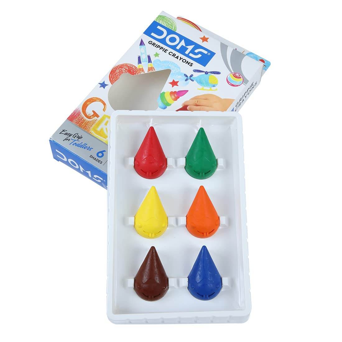 Doms grippie crayons for toddlers six colorful teardrop shaped crayons in white tray with packaging