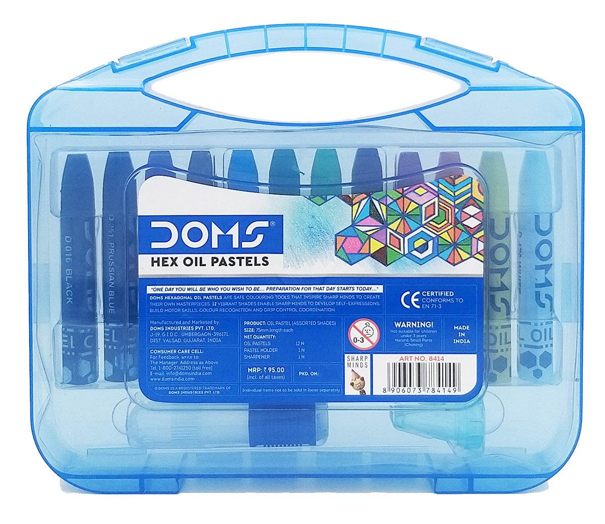 Doms hex oil pastels 12 shades in a transparent blue plastic carrying case