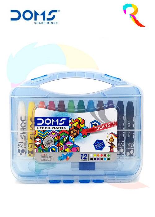 Doms hex oil pastels 12 shades in a transparent plastic carrying case with vibrant colors
