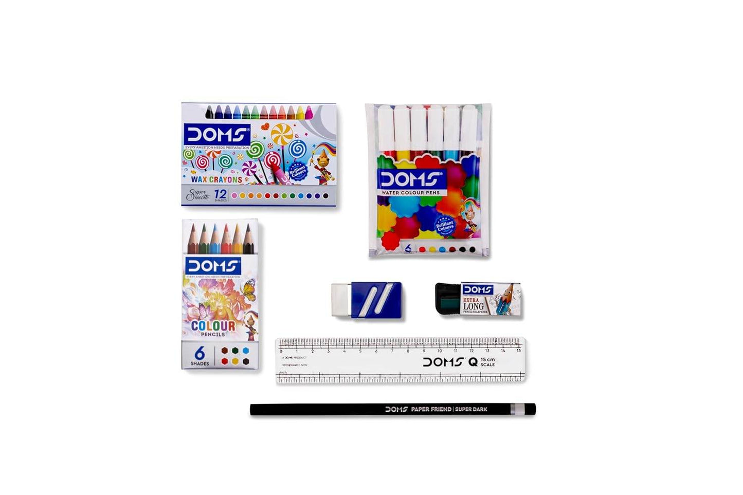 DOMS Wow Craft Kit for kids including wax crayons, color pencils, erasers, sharpener, ruler, and pencil