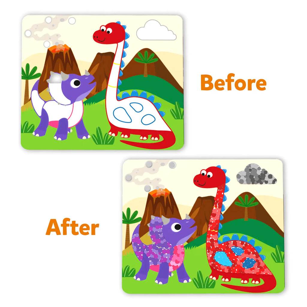 Skillmatics Dot it world of dinosaur craft kit for preschoolers showing before and after colorful dinosaur designs