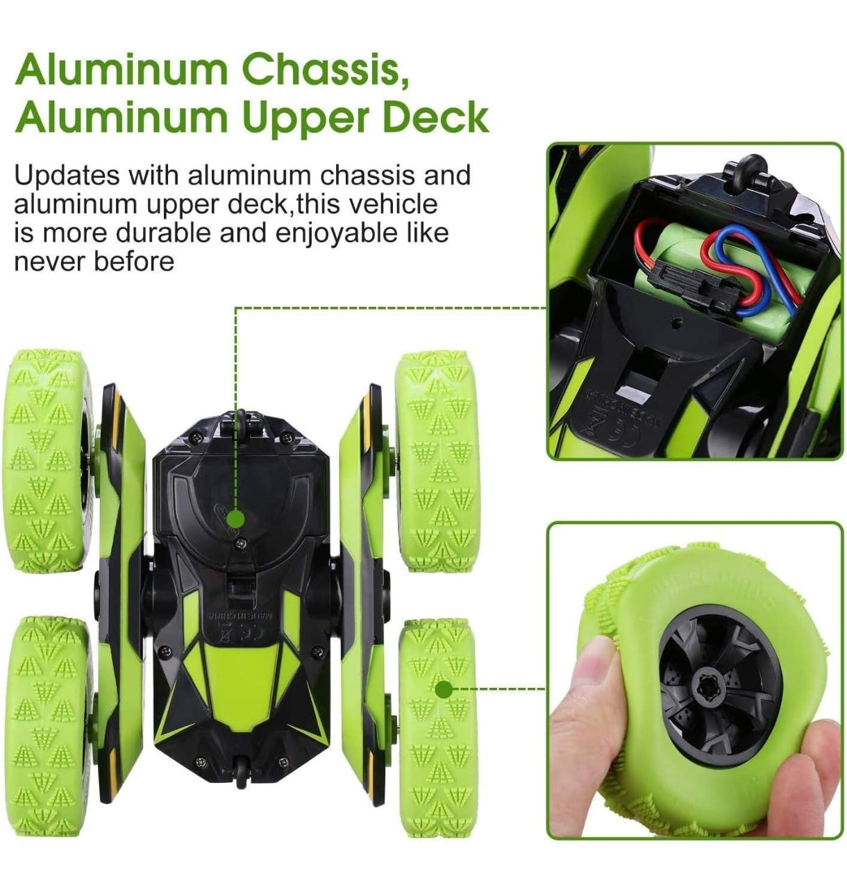 Double sided 360 rotating stunt vehicle with aluminum chassis and green durable tires