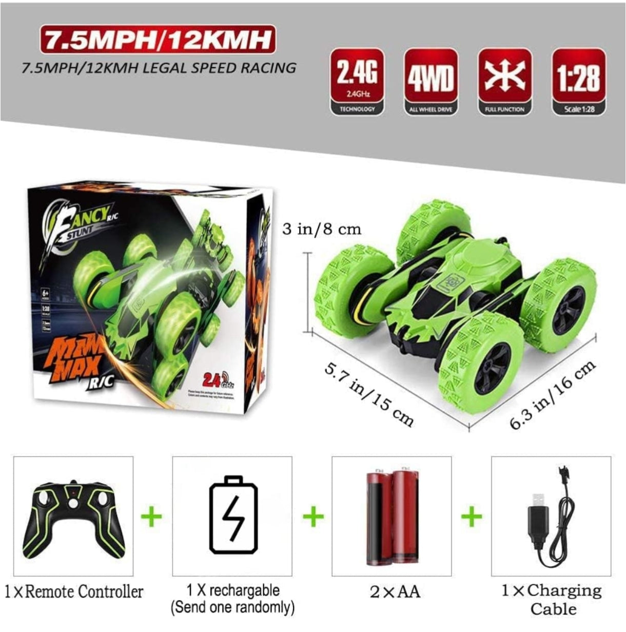 Double sided 360 rotating stunt vehicle in green with remote controller and rechargeable batteries