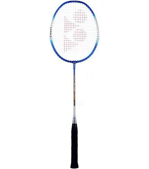 Badminton racket with a blue frame and black handle