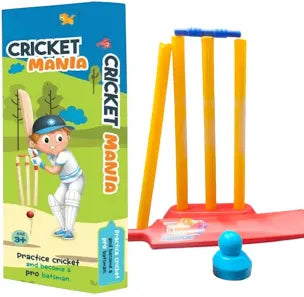 Cricket mania toy set with wickets and ball next to its packaging