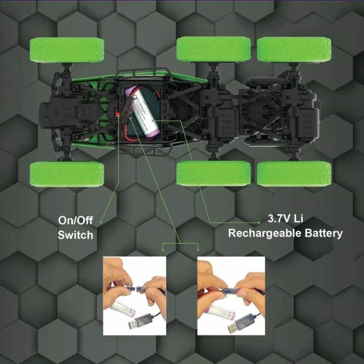 Electrobotic off-road RC car for kids with 3.7V Li rechargeable battery and on off switch shown