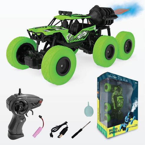 Electrobotic off-road RC car for kids in green with six wheels, remote control, and accessories