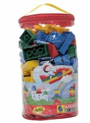 Colorful educational building blocks for kids in a transparent zippered bag with handle