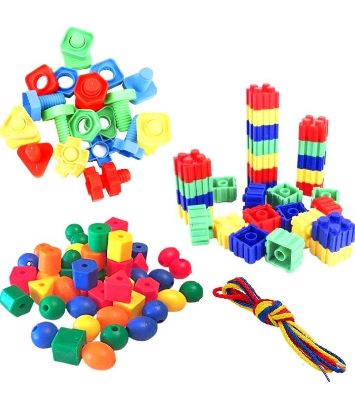 Colorful educational building blocks for kids including nuts, bolts, beads, and lacing strings for creative play