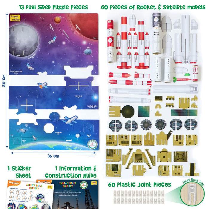 Educational space toy set with 13 dual sided puzzle pieces 60 rocket and satellite model parts and construction guide