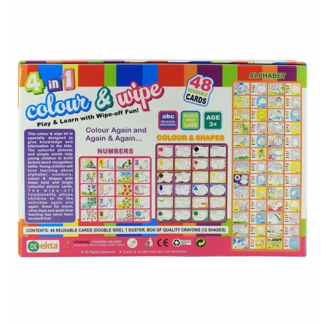 Ekta 4 in 1 Colour and Wipe Kit 48 reusable cards crayons kit coloring and learning education child creativity development - T-Rex the toyland Sitamarhi