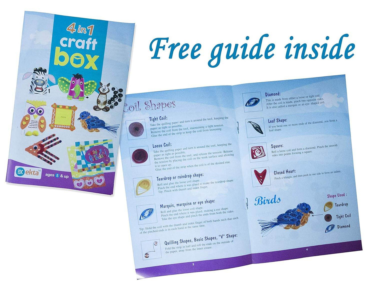 4 in 1 craft box for kids by Ekta with colorful craft materials and a free instructional guide inside