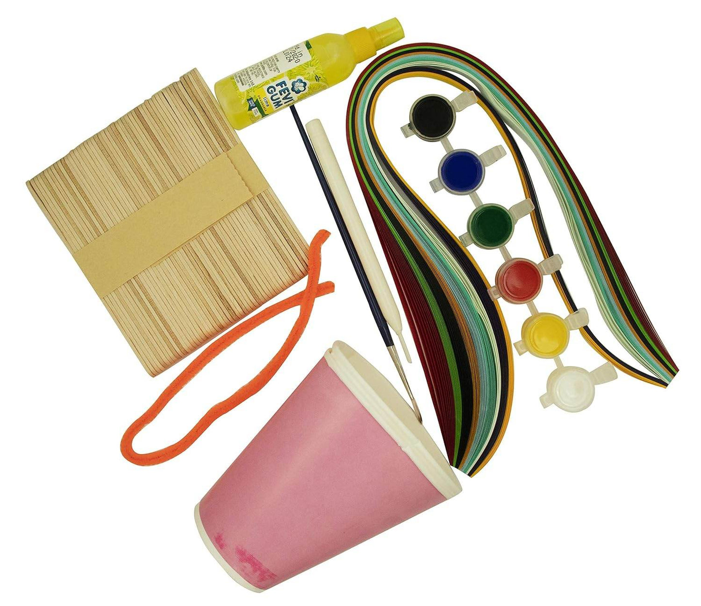 Ekta 4 in 1 craft box for kids with paint, colored paper strips, glue, popsicle sticks, pipe cleaner, and a pink cup